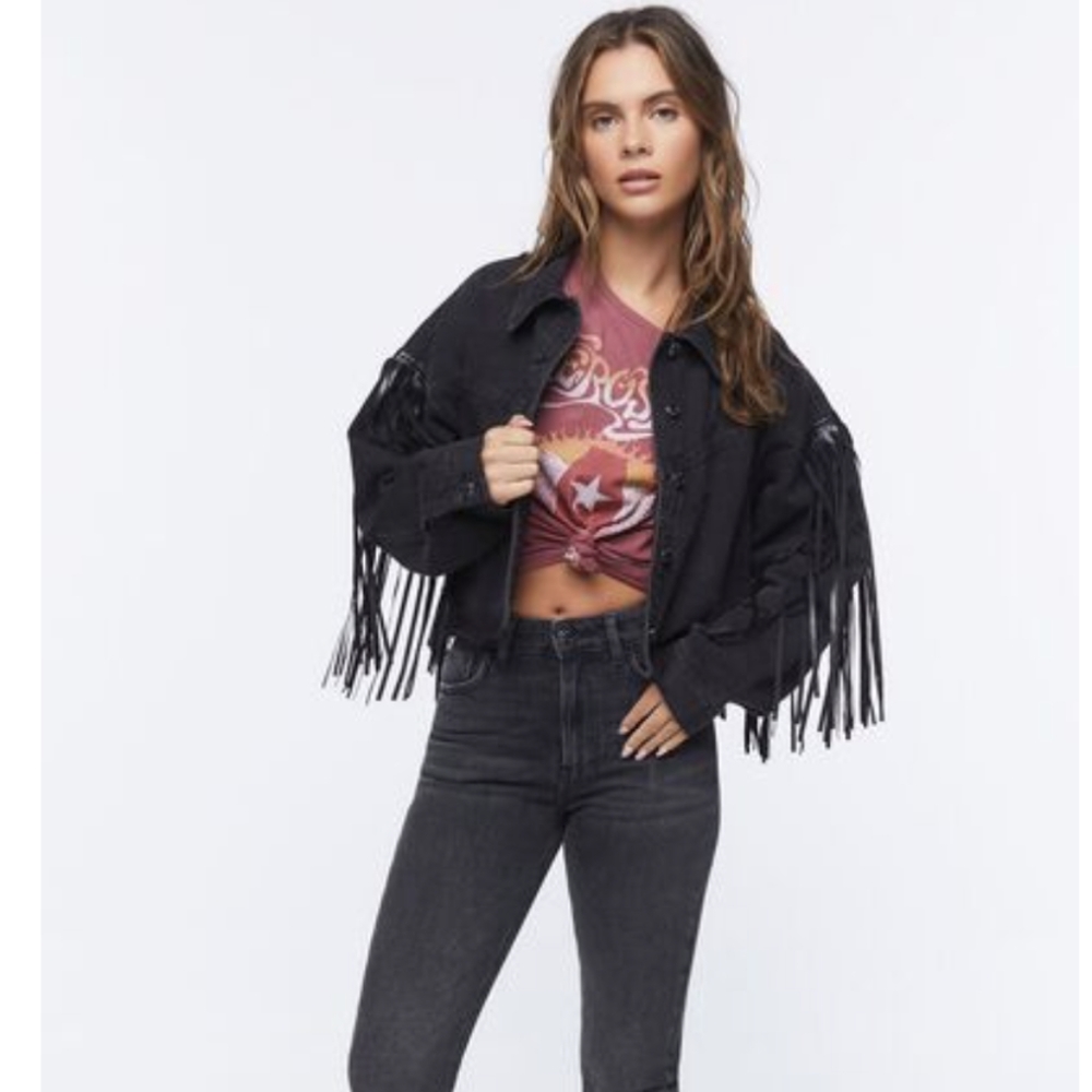 Denim fringe cropped jacket